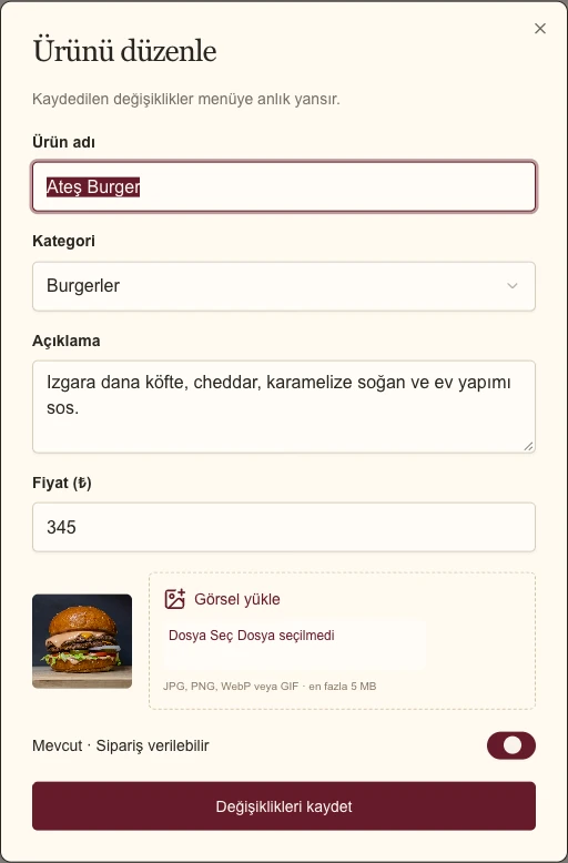Gerçek demo panelinde ürün fiyatı, açıklama ve görsel düzenleme