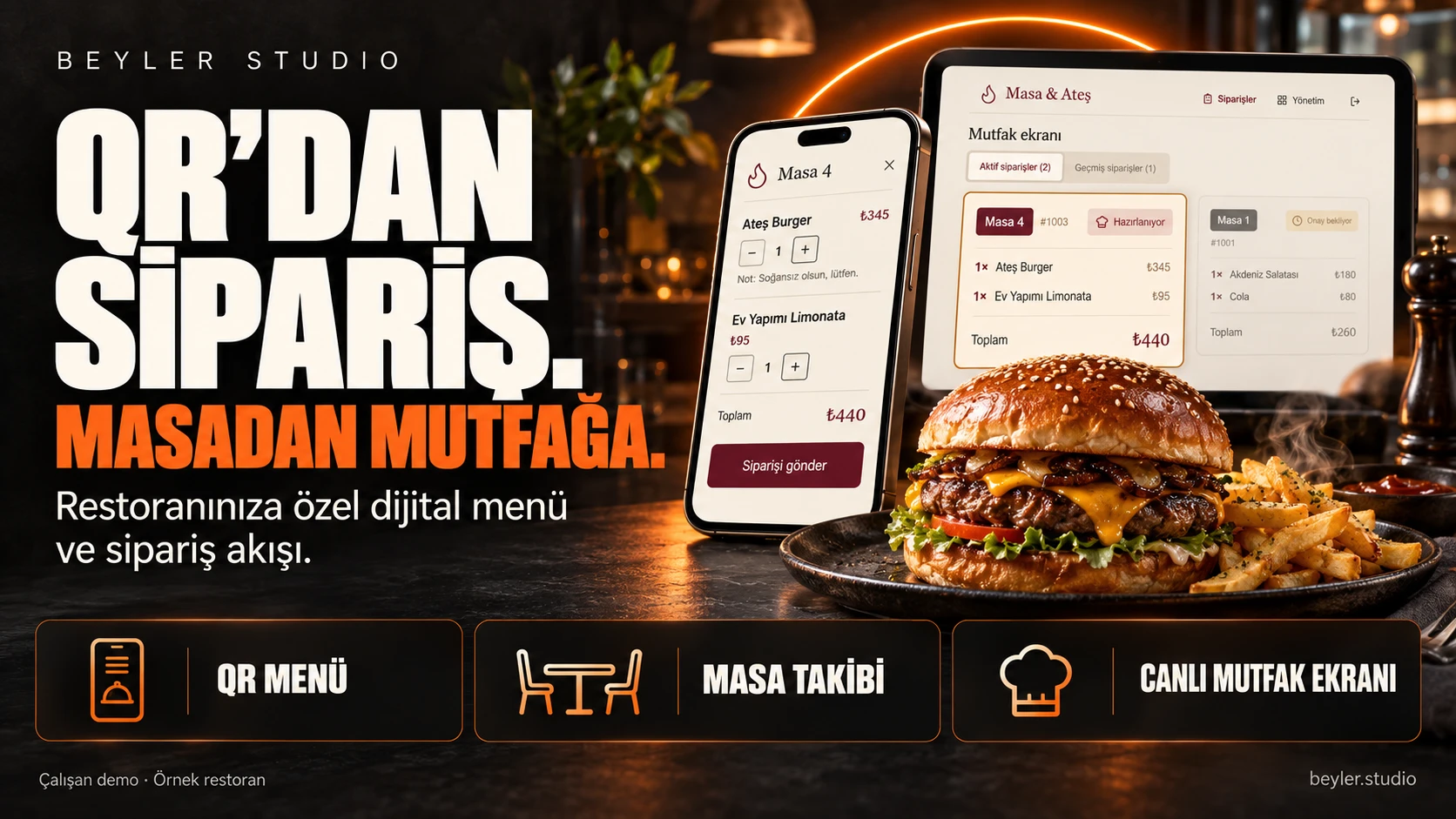 Telefonda ürün seçimi ve mutfak ekranında masa numarasıyla sipariş