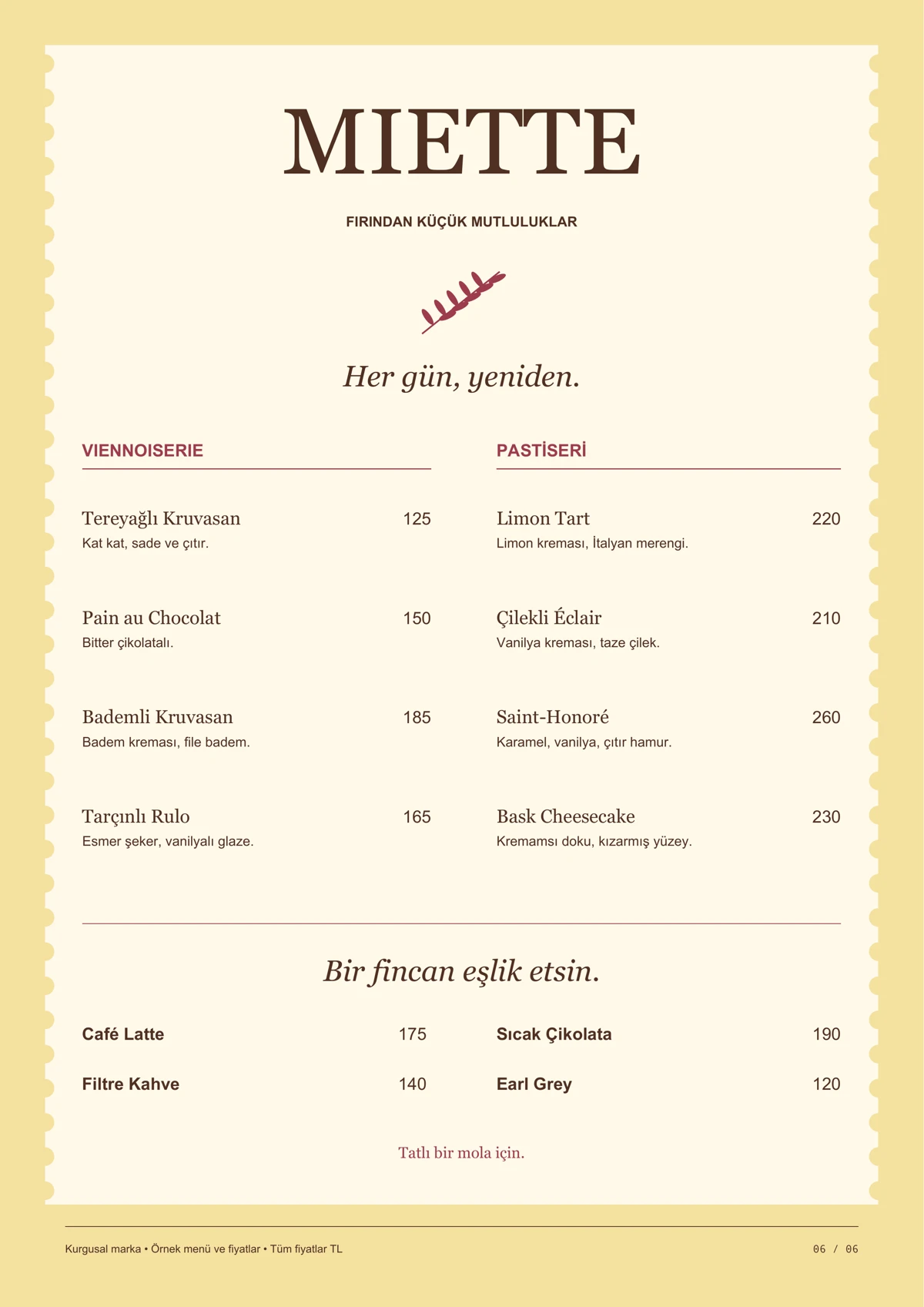 MIETTE için pastane menü tasarımı
